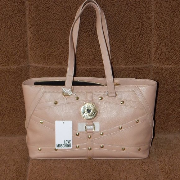 NWT LOVE MOSCHINO Pebbled Leather Top Zipper LARGE Satchel Shoulder Bag in Taupe - Picture 1 of 9